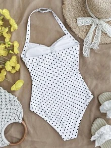 SHEIN 少女波点印花蝴蝶结装饰挂脖连体泳衣 - 白色 - 查看 2