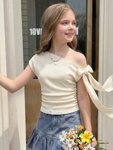 Tween Girls' Summer Casual Vacation & Commute Knotted Asymmetrical Neck Pleated Fitted Blouse - Beige - View 3