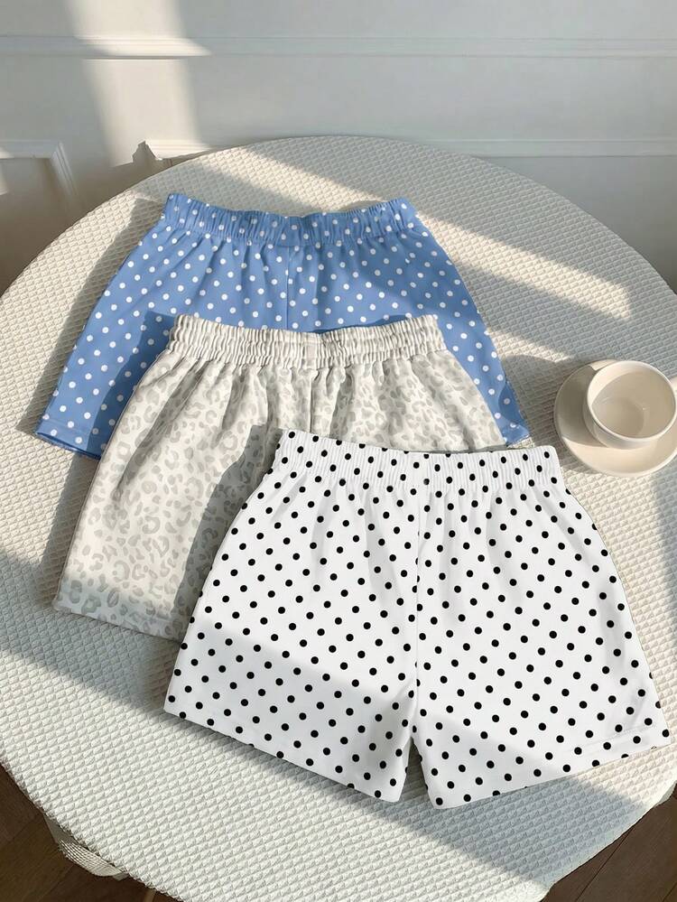 SHEIN EZwear 3pcs Set Women Comfy Short Vintage Polka Dot & Leopard Print Casual Shorts, Woven Fabric, Suitable For Daily Wear, Camouflage Print Shorts Set - Multicolor - View 2