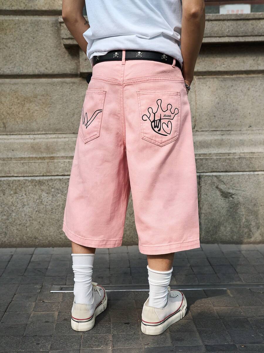 Manfinity EMRG Plus Size Men's Crown Graphic Pocket Denim Wide Leg Shorts - Pink - View 1
