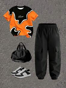 Young Boy Geometric Cube Print Design With King Slogan, Fashion Round Neck Short Sleeve T-Shirt And Cargo Pants Set, Suitable For Festivals, Parties, Comfortable And Casual For Spring/Summer - Multicolor - View 6