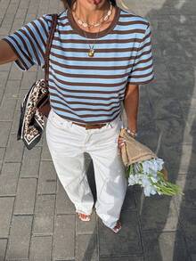 Muvela 2026女款休閒條紋圓領短袖T恤，夏季，女款休閒條紋短袖T恤夏季藍色與棕色圓領基本款T恤，夏季度假女款藍棕條紋休閒短袖T恤，女性假日 - 彩色 - 查看 3