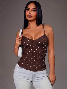 Radiana Women's Summer Distinctive Versatile All-Match Brown And White Polka Dot Polka Dot Polka Dot Polka Dot Polka Dot Fitted V-Neck Camisole, Suitable For Casual 1970s Vintage Cute Outings Date Night, Shopping, Gatherings, Vacations, Beaches Dates Parties Date, Music Festivals - Brown - View 5