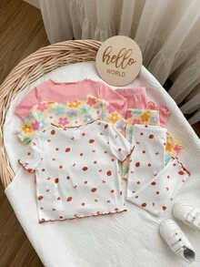 SHEIN Baby Girl Cute Cartoon Bear And Flower Pattern Round Neck Short-Sleeved Pants Casual Comfortable Knit Pajama Set (6-Piece Set) - Multicolor - View 5