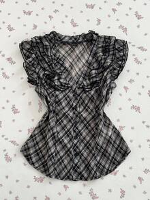 Elamini Camisa de mujer tipo babydoll con cuello en V, mangas cortas transparentes y cintura ceñida, estilo Y2K para primavera/verano - Multicolor - Ver 5