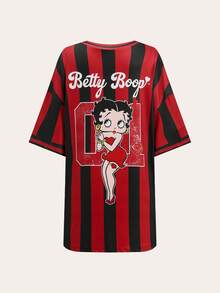 Slaydiva Betty Boop x SHEIN 2026春夏新款大码女装：基础款、休闲、可爱黑红条纹V领宽松落肩大码短款连衣裙，卡通人物印花；假日 - 彩色 - 查看 6