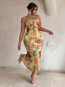 Firerie Plus Size Women Floral Print Ruffle Trim Bodycon Halter Dress Casual Vacation Dress For Women Flower Prints For Women - Multicolor - View 1