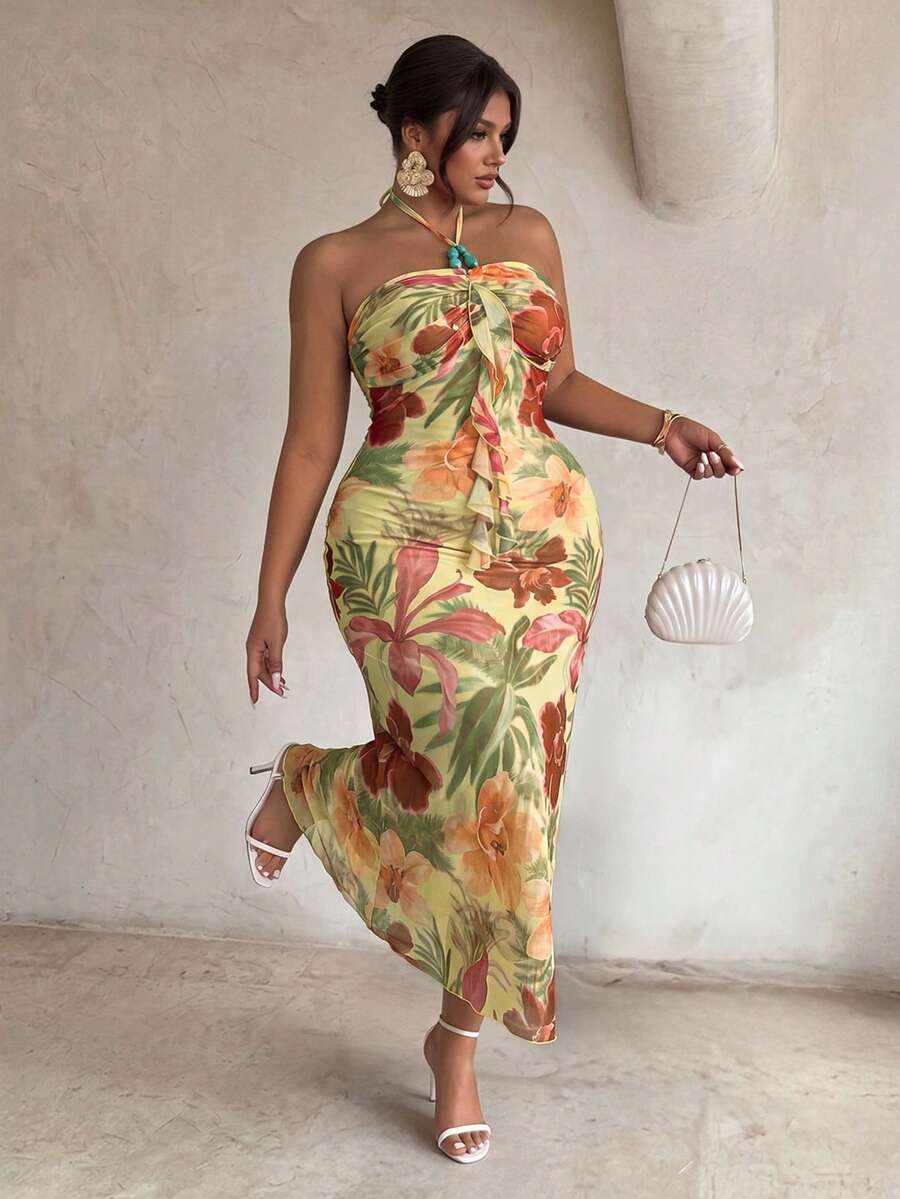 Firerie Plus Size Women Floral Print Ruffle Trim Bodycon Halter Dress Casual Vacation Dress For Women Flower Prints For Women - Multicolor - View 1