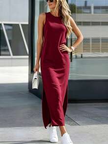 Summer Casual Solid Color Side Slit Sleeveless Dress - Burgundy - View 7