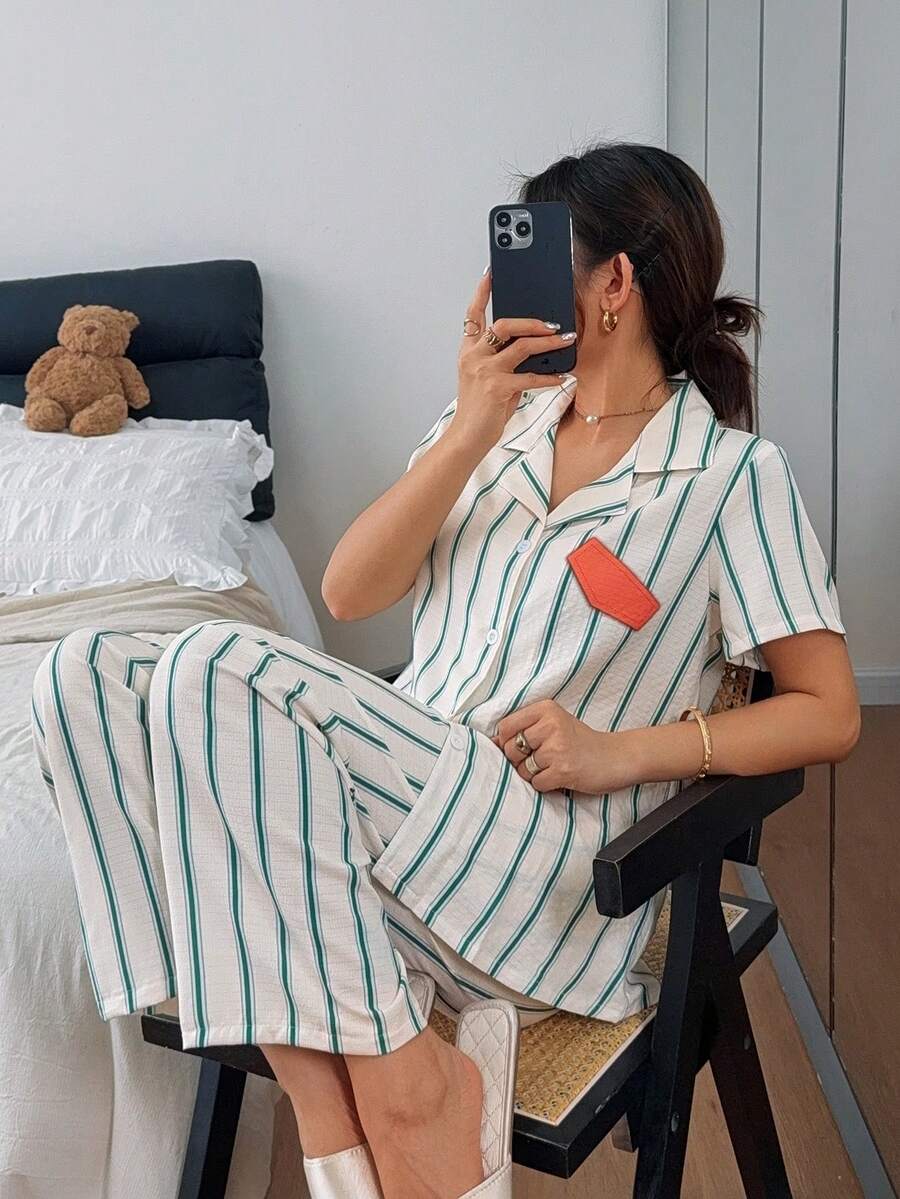 Napfluff Spring & Summer Casual Striped Lapel Cardigan Style Sleepwear Set For Women - Apricot - View 1