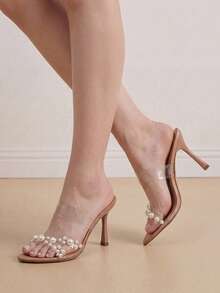 Eladyva Sandalias de tacón alto transparentes y desnudas para mujeres con decoración de perlas, sandalias de tacón alto simples y elegantes con punta puntiaguda para fiestas de verano, modernas y cómodas - Albaricoque - Ver 6