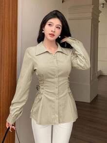 Modelyn Áo sơ mi nữ dài tay màu trơn có dây rút, kiểu dáng thời trang. - Màu Khaki - Xem 3