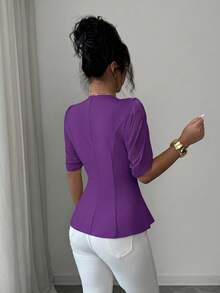 SHEIN Elenzya Áo blazer nữ thanh lịch, lãng mạn, dáng ôm sát, cổ chữ V, xếp ly và thắt eo. - Màu tím  Violet - Xem 2