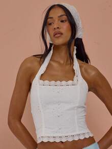 MUSERA High Neck Scoop Bust Broderie Lace Trim Hem Button Detail Top Sexy Cute Spring Summer Holiday Vacation Going Out Girly Cool Girl Late Checkout - White - View 2