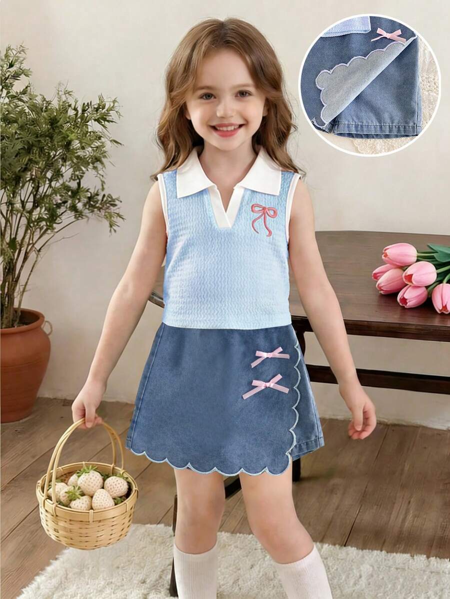 Elladie kids 2件組少女夏季返校套裝,紋理針織領背心上衣搭配丹寧裙褲,荷葉邊刺繡蝴蝶結復古可愛校園套裝 - 藍色 - 查看 1
