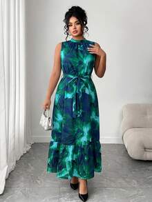 SHEIN Elenzya Đầm maxi cỡ lớn in họa tiết hoa nhiều màu sắc, không tay, cổ yếm, thích hợp cho kỳ nghỉ. - Nhiều màu - Xem 5