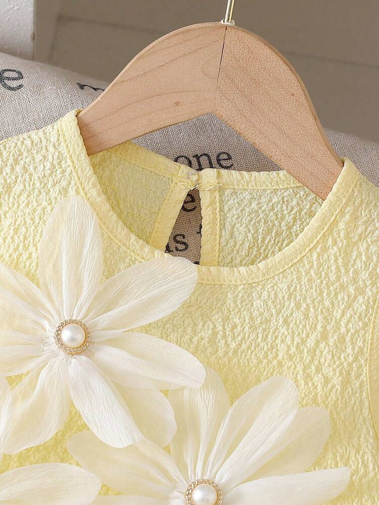 Elladie kids Bộ 2 món cho bé gái, gồm áo vest cổ hoa 3D đính ngọc trai dễ thương, thanh lịch và chân váy xếp ly ngắn, thích hợp mặc hàng ngày, đi làm, đi nghỉ mát và các dịp khác, mùa hè. - Màu vàng - Xem 5