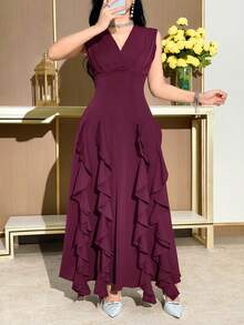 Feyla Vestido de verano elegante de unicolor con volantes en la cintura para mujer - Rojo violeta - Ver 3