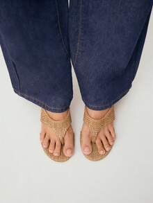 Nöista Elegant Woven Thong Wedge Sandals With A Natural Raffia-Style Finish And Contoured Footbed-The Ultimate Breezy Essential For Summer Vacations, Spring Festivals, And Relaxed Guest Attire. - Apricot - View 6