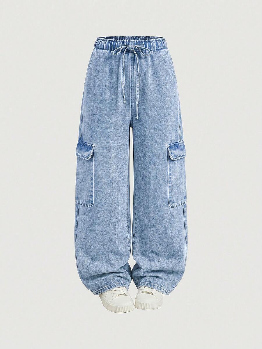 Quần jeans nữ dáng rộng, ống rộng, màu xanh denim bạc màu, cạp chun và dây rút. - Màu xanh lam - Xem 1