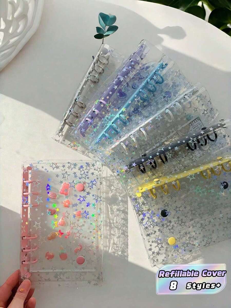 A6尺寸透明星形活页夹 | 活页贴纸簿和相册 | 预算规划本、日记本,适用于办公室、学校和计划爱好者 | 便携式星形设计,方便通勤和收藏 - 多色 - 查看 1