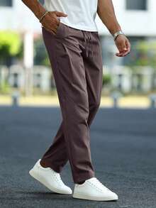 Manfinity Homme Men's Solid Color Drawstring Waist Pocket Casual Pants - Maroon - View 5