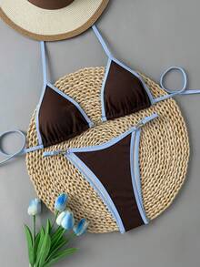 Swim Vcay Damen Sexy Kontrast Farbe Dreieck Bikini Set, geeignet für Strand, Pool, Lässig Party, Frühling/Sommer - Braun - Übersicht 4