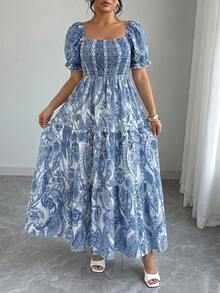 Elenzga Plus Size Women Elegant Square Neck Ditsy Floral High Waist Ruffle Hem Dress - Baby Blue - View 4