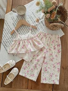 SHEIN LMoss Kids 女婴可爱甜美碎花印花短袖上衣和松紧腰短裤套装 - 彩色 - 查看 2