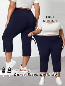 SHEIN CURVE+ 女款大尺碼開衩 7/8 長度緊身內搭褲，休閒彈性腰高彈力緊身褲，海軍藍，夏季，哥德風，健身房，日常畢業 - 藏蓝色 - 查看 7
