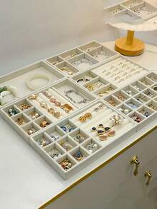 Velvet Jewelry Display Trays Set Of 9 Large Capacity Storage Box With Separate Compartments Stackable Organizer For Earrings Necklaces Bracelets Rings Hair Clips Headbands Valentine Day Back To School Gift - Multicolor - View 3