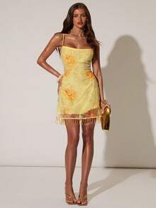 SHEIN BAE Đầm ngắn hai dây gợi cảm thời trang nữ, họa tiết hoa đính cườm. - Màu vàng - Xem 4