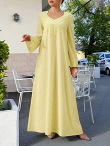 Al Najma Sequin Digital Print Long Sleeve Loose Fashion Elegant Pink Dress For Women - Yellow - View 3
