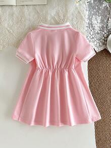 Baby Girl Butterfly Embroidered Collar Short Sleeve Waist Dress - Pink - View 2