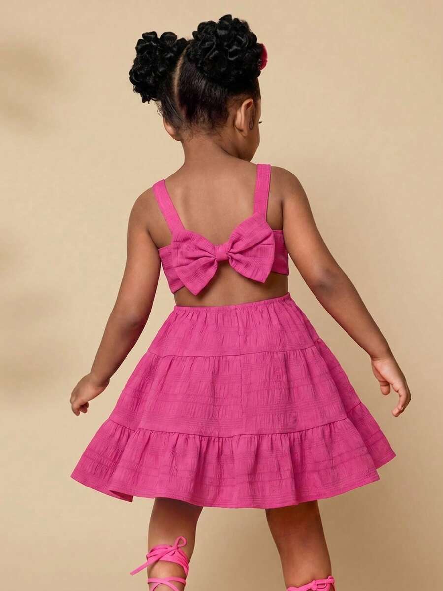 SHEIN Young Girl Solid Color Bow Decor Casual Vacation Camisole Dress - Hot Pink - View 1