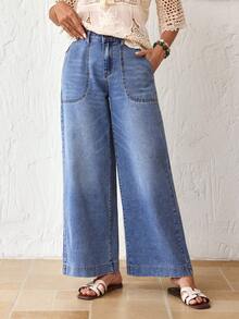 EMERY ROSE Quần jeans nữ dáng rộng, thoải mái, đa năng, có túi bên hông, thích hợp cho kỳ nghỉ và đi làm. - Màu xanh lam - Xem 3