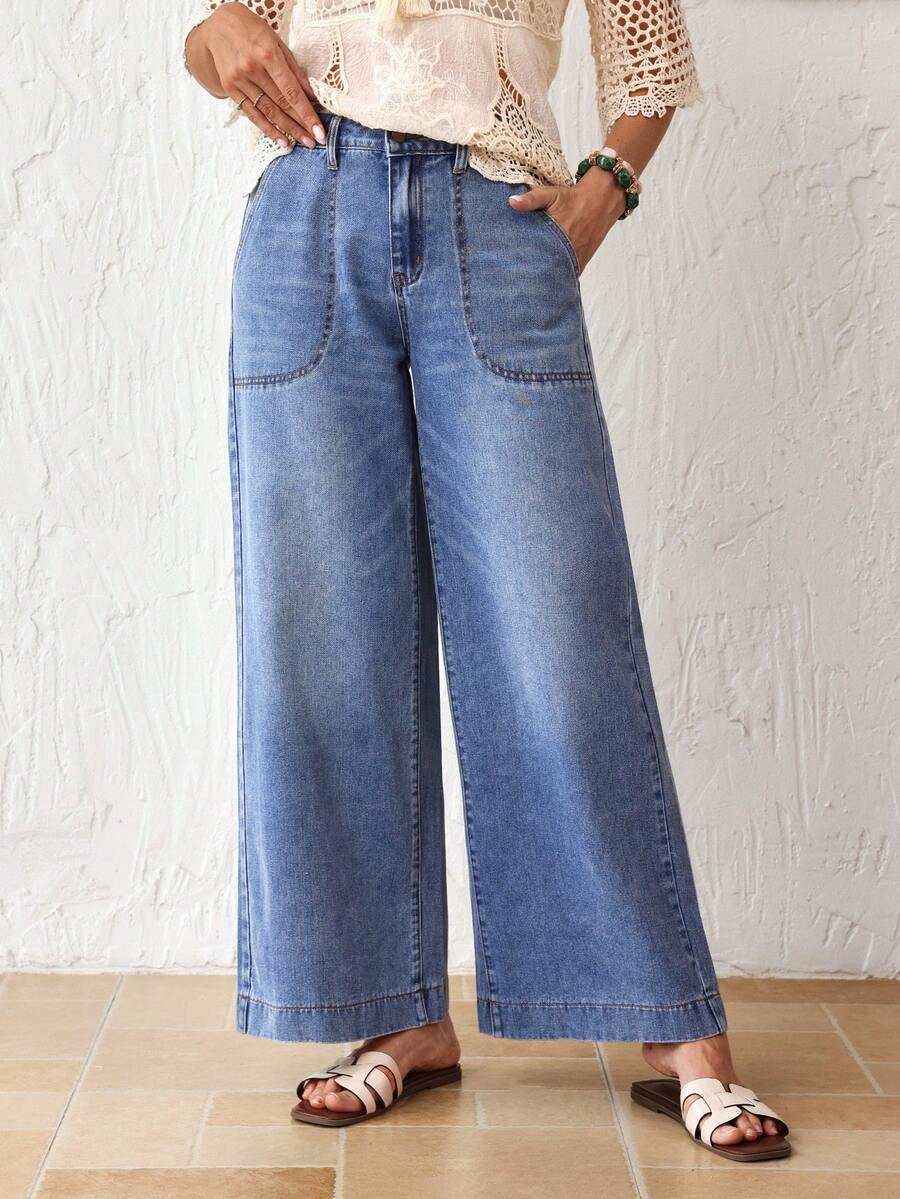 EMERY ROSE Women's Casual Vacation & Commute Versatile Loose Fit Wide Leg Jeans With Side Pockets - Blue - View 1