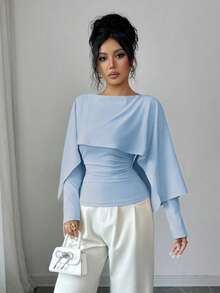 SHEIN Elenzya 新款女士披肩领长袖弹力针织上衣，青春优雅日常百搭收腰显瘦T恤 - 藍色 - 查看 5