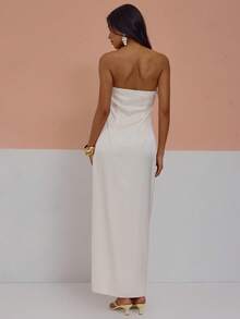 MUSERA Draped Frill Front Ruched Bust Satin Bandeau Maxi Dress Sexy Cute Spring Summer Holiday Vacation Going Out Girly Cool Girl Late Checkout - Beige - View 3