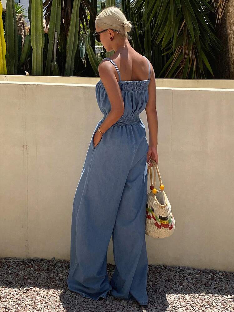 Women's Vacation Loose Design Pocketed Wide Leg Denim Jumpsuit