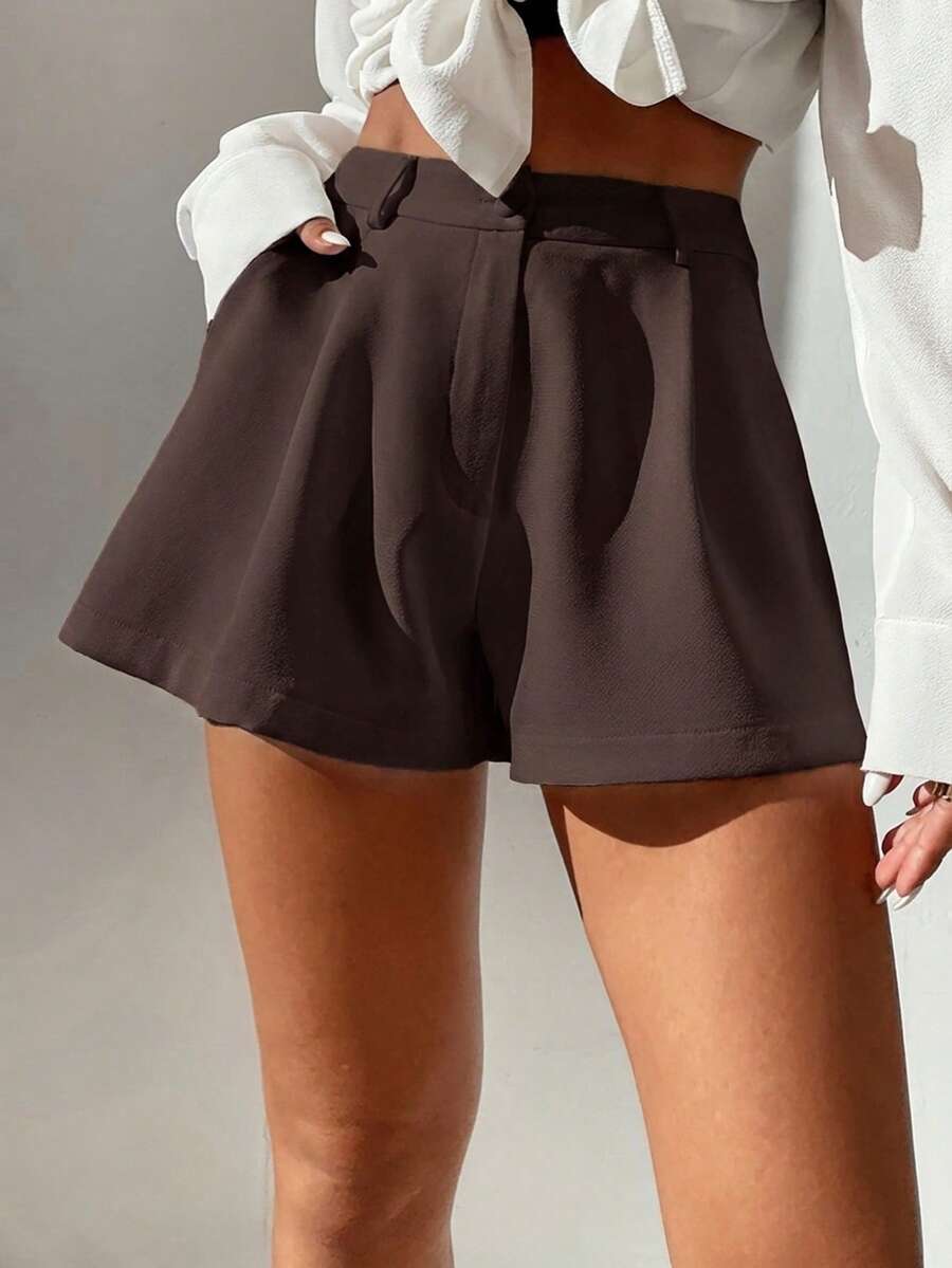 SHEIN PETITE Quần short nữ màu trơn, xếp ly, có túi, dáng rộng, kiểu dáng thường ngày. - Cà phê nâu - Xem 1