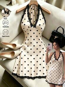 Qadelle Vestido corto de mujer con espalda anudada y encaje, diseño de lunares, informal, sexy y lindo, perfecto para viajes, citas, vacaciones, banquetes y fiestas - Albaricoque - Ver 3