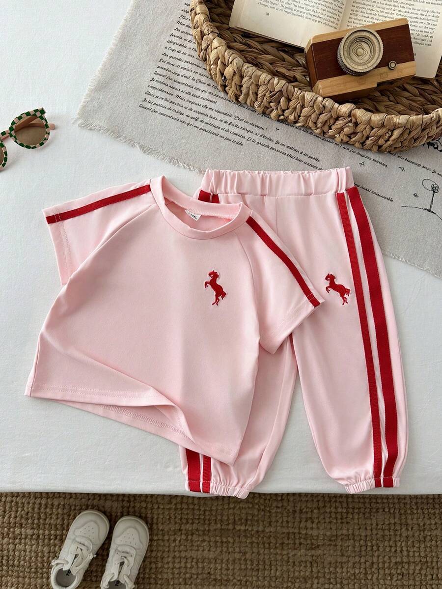 SHEIN 女嬰 2件組/套 粉色夏季休閒度假套裝 短澎澎袖圓領刺繡上衣&條紋裝飾長褲運動套裝