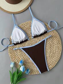 Swim Vcay Damen Sexy Kontrast Farbe Dreieck Bikini Set, geeignet für Strand, Pool, Lässig Party, Frühling/Sommer - Braun - Übersicht 2
