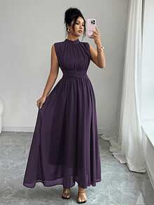 Elenzga Women's Dark Purple Summer Elegant Wedding Chiffon Maxi Dress,French Stand Collar Criss-Cross Tie Waist A-Line Sleeveless Lined Party Dress - Bold Plum - View 6