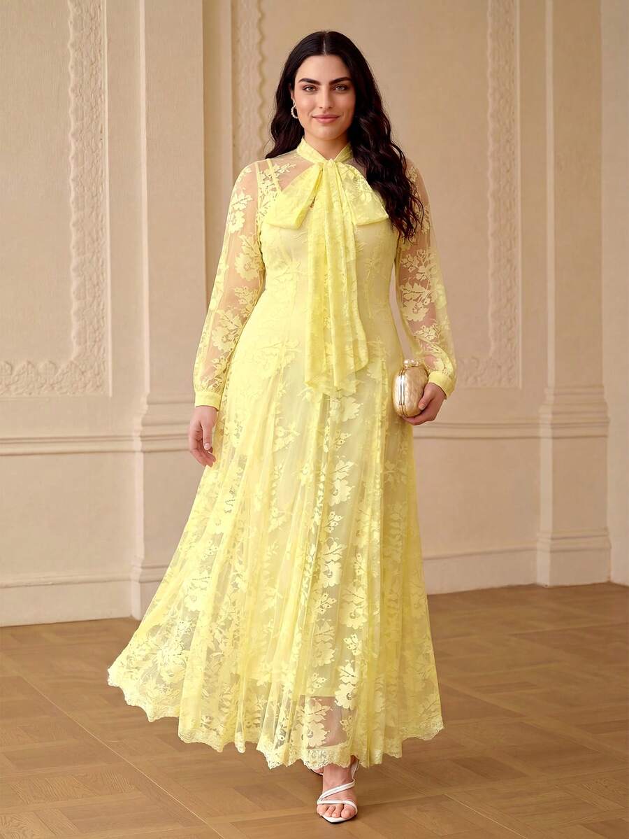 ZEYLAH Vestido largo holgado de línea A con lazo elegante y romántico, para primavera/verano - Amarillo claro - Ver 1