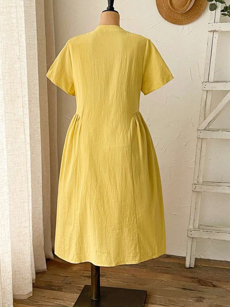 Plus Size Round Neck Short Sleeve Small Ditsy Floral Button Half-Placket Ruffle Dress Summer Summer Outfit For Women Festival Outfits For Women Beach Outfits For Women Vacation Outfits Women Holiday Outfits  For Women Country Concert Outfit  Yellow Dress