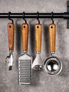 SHEIN 1pc Rosewood Kitchen Tool Set, Stainless Steel Peeler, Cheese Grater, Pizza Cutter, Baking Tools - Multicolor - View 3