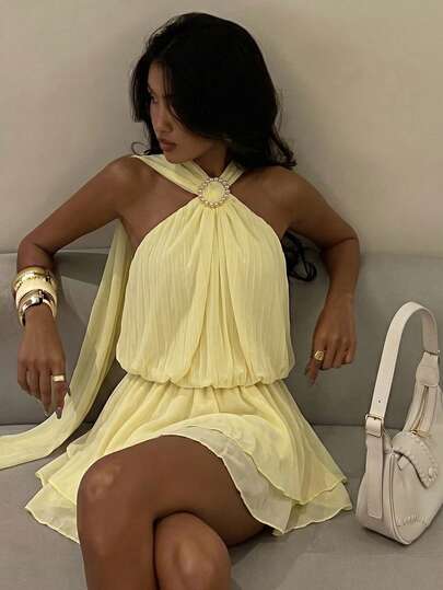 Firerie Falda plisada elegante, minimalista, delicada, romántica y sexy con espalda descubierta, adecuada para uso en verano, elegante, para ir al trabajo, citas, fiestas, bodas, graduaciones, bailes de promoción, actuaciones, conciertos, cumpleaños y vuelta al colegio
