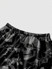 ROMWE Skeleton Bone Chain Plant Gothic Dark Mysterious Loose Black Plus Size Women Shorts - Black - View 3
